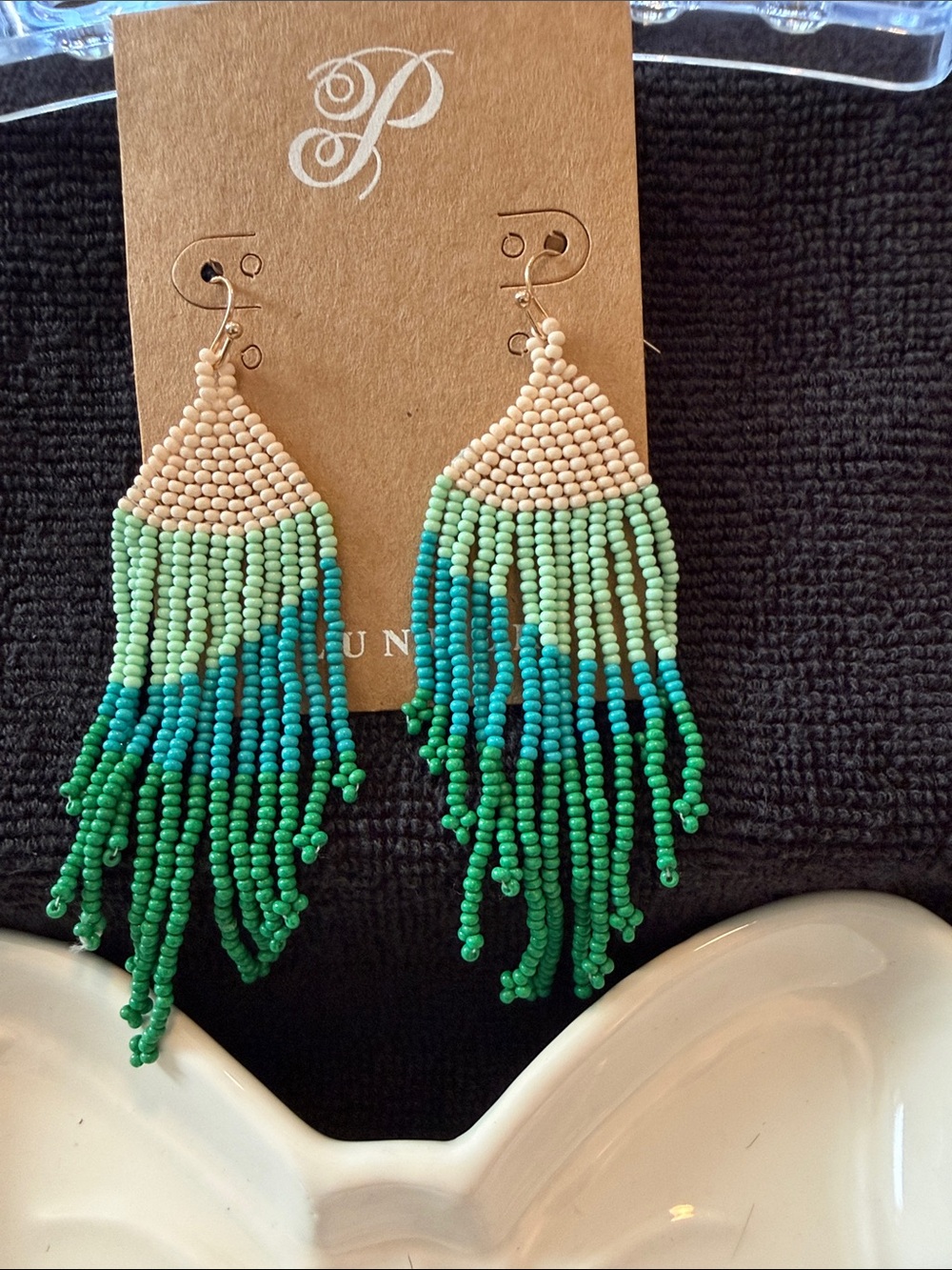 Plunder Beaded Fringe Earrings in Beige, Aqua, and Green